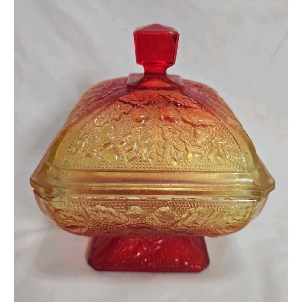 Vintage Mid-Century Jeannette Amberina Acorn & Oak Leaf Covered Candy Dish